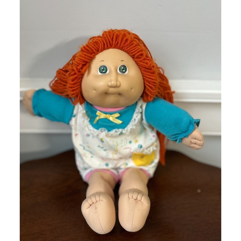 Vintage Cabbage Patch Kids Doll Red Yarn Hair Green Eyes Teal Outfit 16 inch